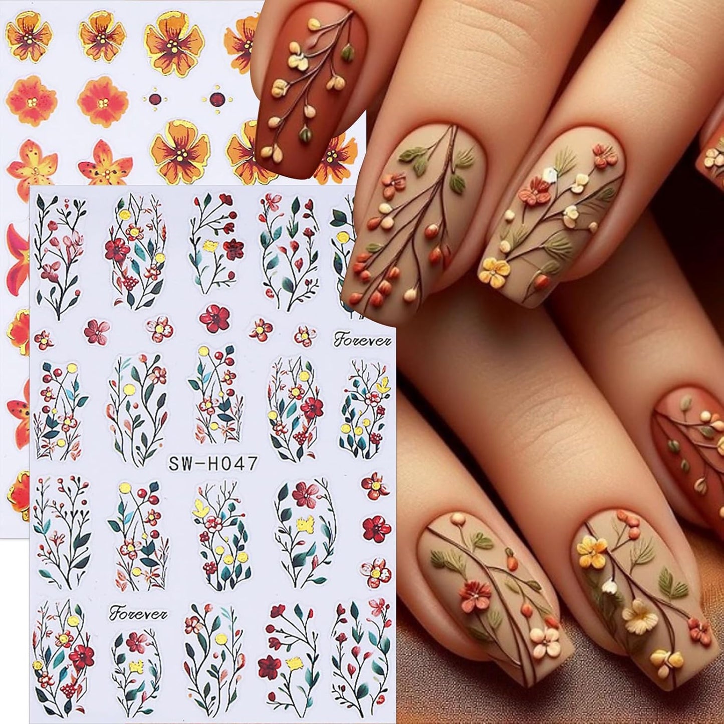 Fall Flower Nail Stickers Cute Nail Decals 3D Self Adhesive Floral Nails Design Supplies Autumn Nail Charms Slider Manicure Accessories Flowers Nail Art Stickers for Women Nail Art Decorations 4PCS