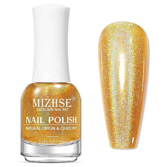 MIZHSE Holographic Nail Polish, Gold Glitter Nail Polish Air Dry Fast, 15 ml 0.5 fl oz High Glossy Shiny Nail Pigment Oil-based Laser Iridescent Chrome Halo Nail Art Salon Manicure Home | alldaygood beauty