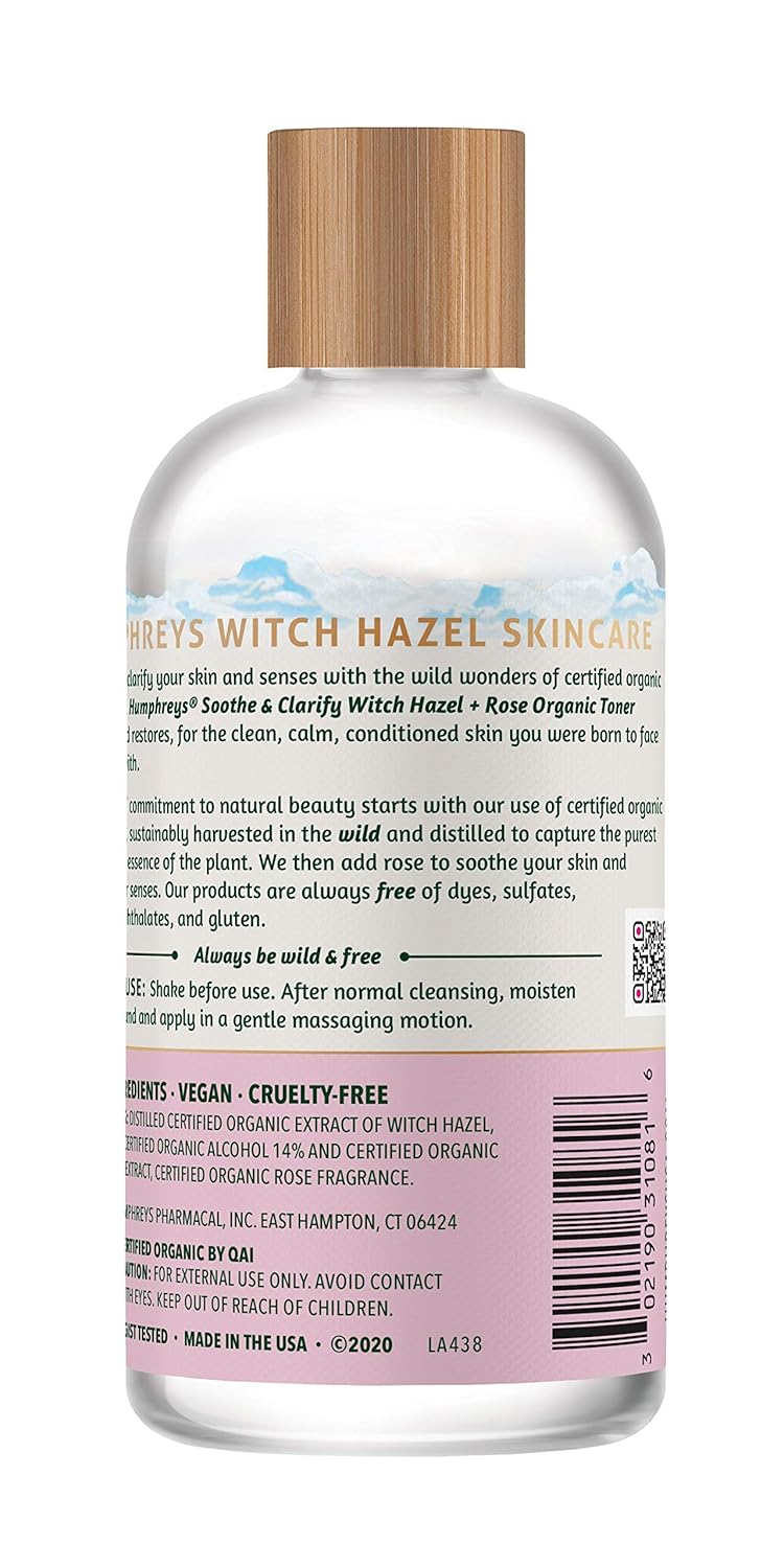 Humphreys Witch Hazel Refining Toner | Wild Harvested Witch Hazel & Rose | USDA Organic | Natural | Soothing & Clarifying | 8 Fl Oz