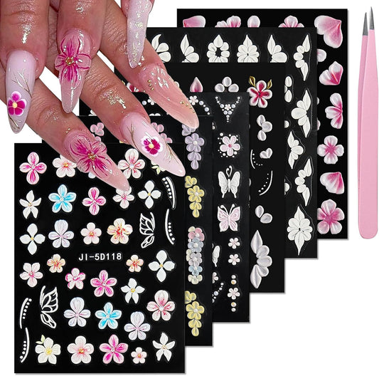 Spring Flower Nail Art Stickers Decals Floral Nail Decals Self Adhesive 5D Embossed for Women Nails Design Decoraion Colorful 3D Flower Mails Stickers Supplies | alldaygood beauty