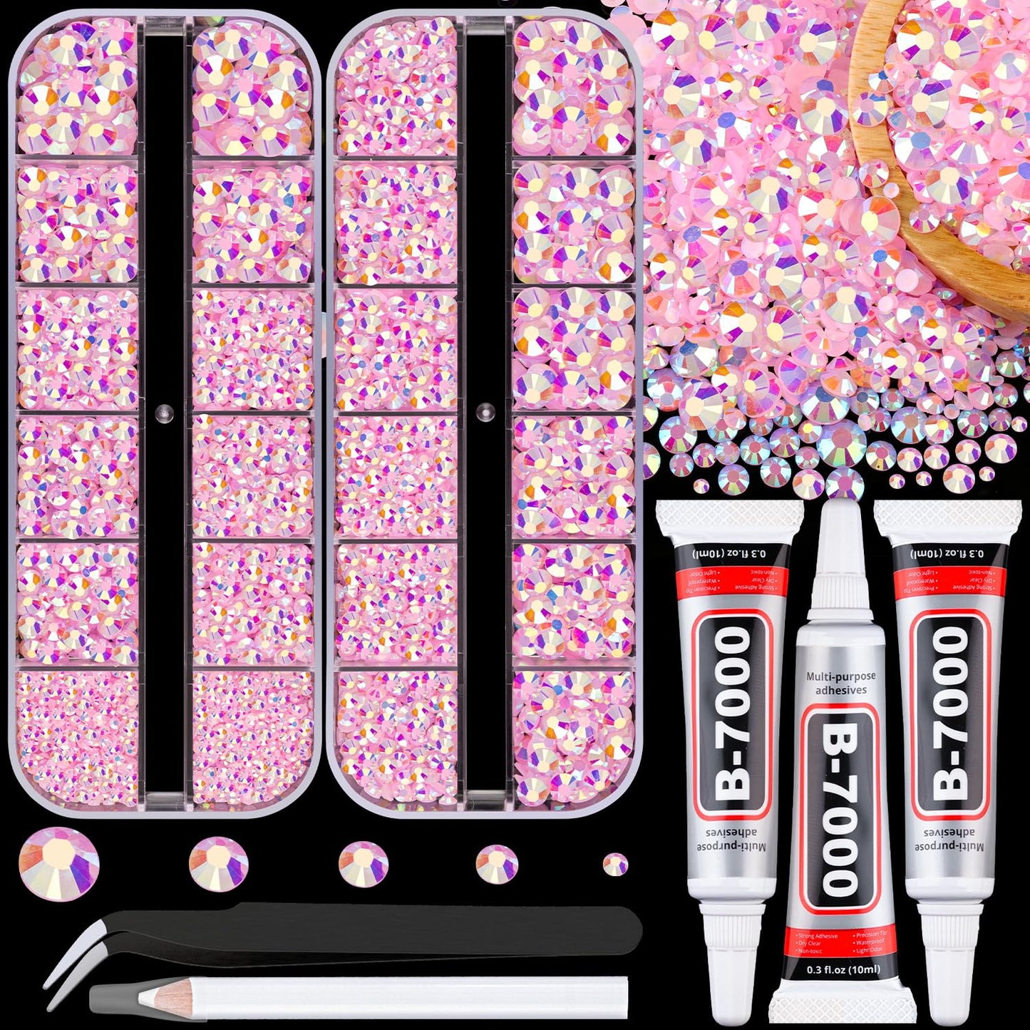 Resin Jelly Rhinestones for Crafting with B7000 Jewelry Glue, 2 Boxes Light Pink AB Flatback Crystals with 3Pcs 10ml Glue, Bedazzling Non Hotfix Gems for DIY Tumblers Clothing Shoes Manicure