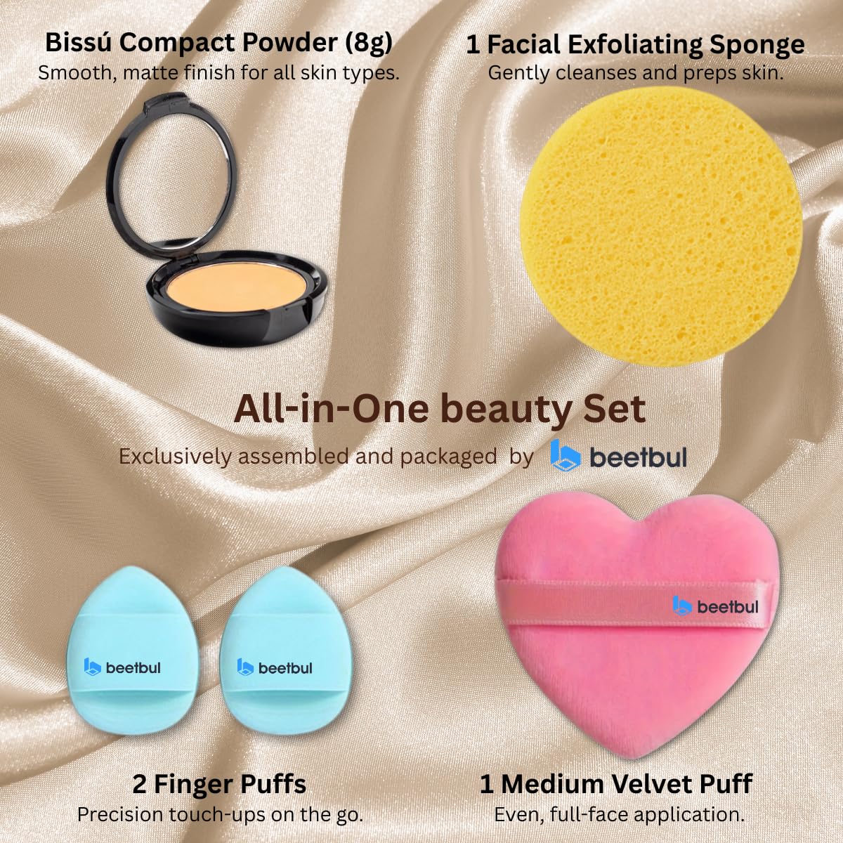 Beetbul Makeup & Exfoliation Kit - Bissú Compact Powder + 1 Medium Velvet Puff + 2 Finger Puffs + 1 Facial Exfoliating Sponge (12 Softan, One Size)