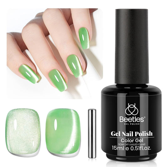 Beetles Green Cat Eye Gel Polish, 15ML Light Green Glass Cat Eye Glitter Gel Polish with Magnet Shimmer Translucent Sheer Color Soak Off UV Lunar Gleam Series French Nail Art Gift for Women | alldaygood beauty