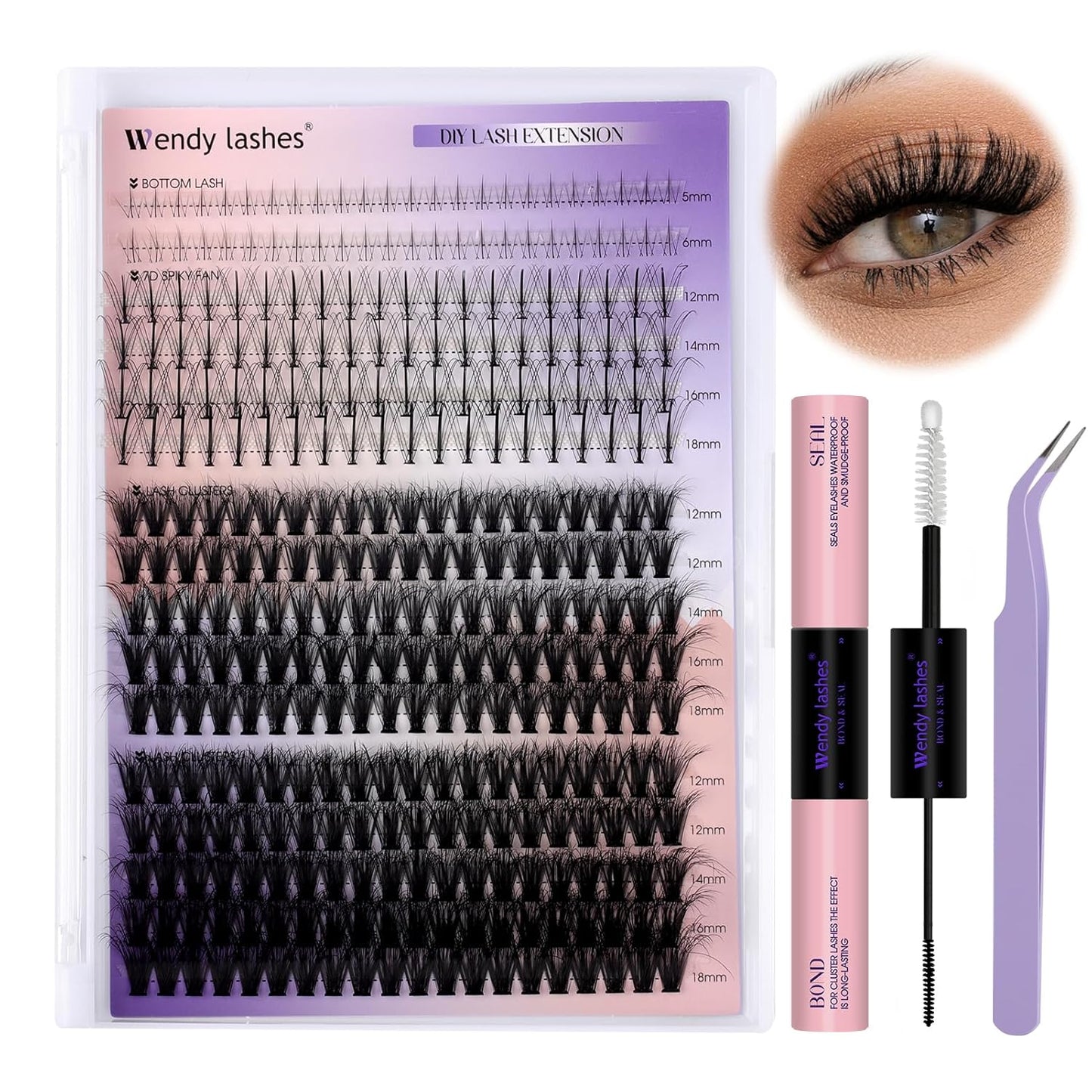 Lash Clusters Kit With Bottom Lashes 40/50/60/80/100/200D DIY Lash Extension Kit/3D Curl 12-18mm Multi-types Individual Lashes Bond and Seal, Spike, Volume Lashes Kit Lash Applicator(40/50 3DKit)