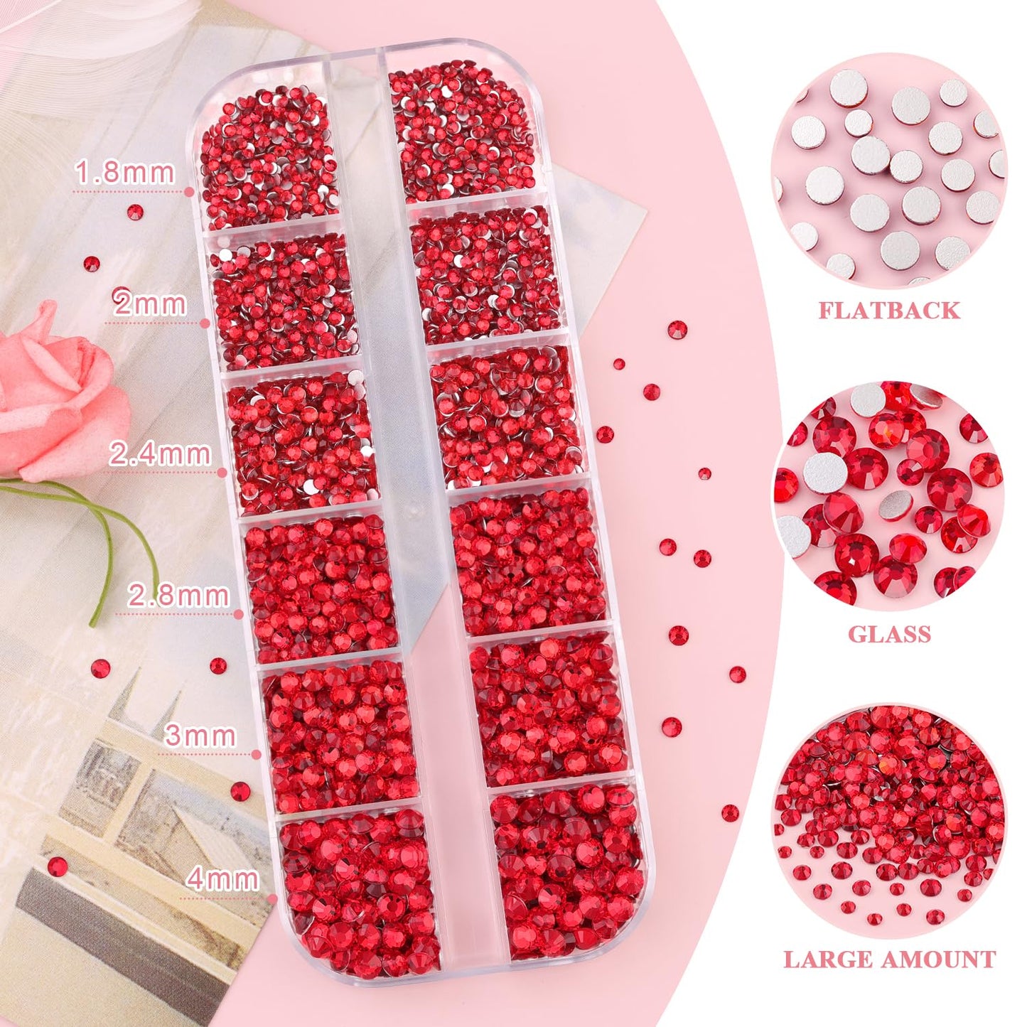 3600pcs Glass Red Nail Rhinestones 6 Sizes(1.8/2/2.4/2.8/3/4mm) Flatback Crystal Nail Charms Jewels Decoration for Nail Art and Crafting, Tweezer and Pickup Pen included