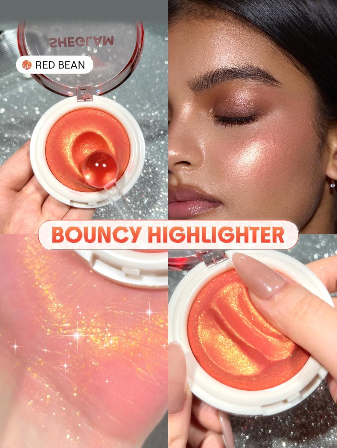 SHEGLAM Glowchi Bouncy Highlighter Mochi-like Formula Highlighter Long-lasting Shimmer Makeup-Red Bean