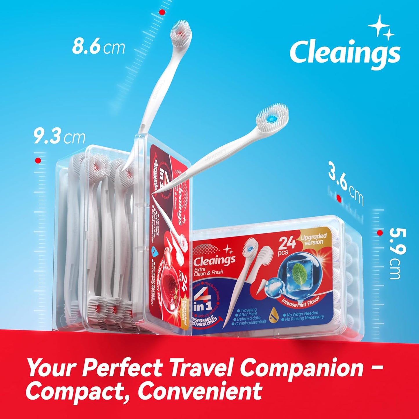 cleaings® Mini Disposable Toothbrush Set with Toothpaste – Travel Essentials, Portable Toothbrush for Women & Men, Camping, Road Trip, Vacation, 24 Count-Intense Mint Flavor（Pack of 1）