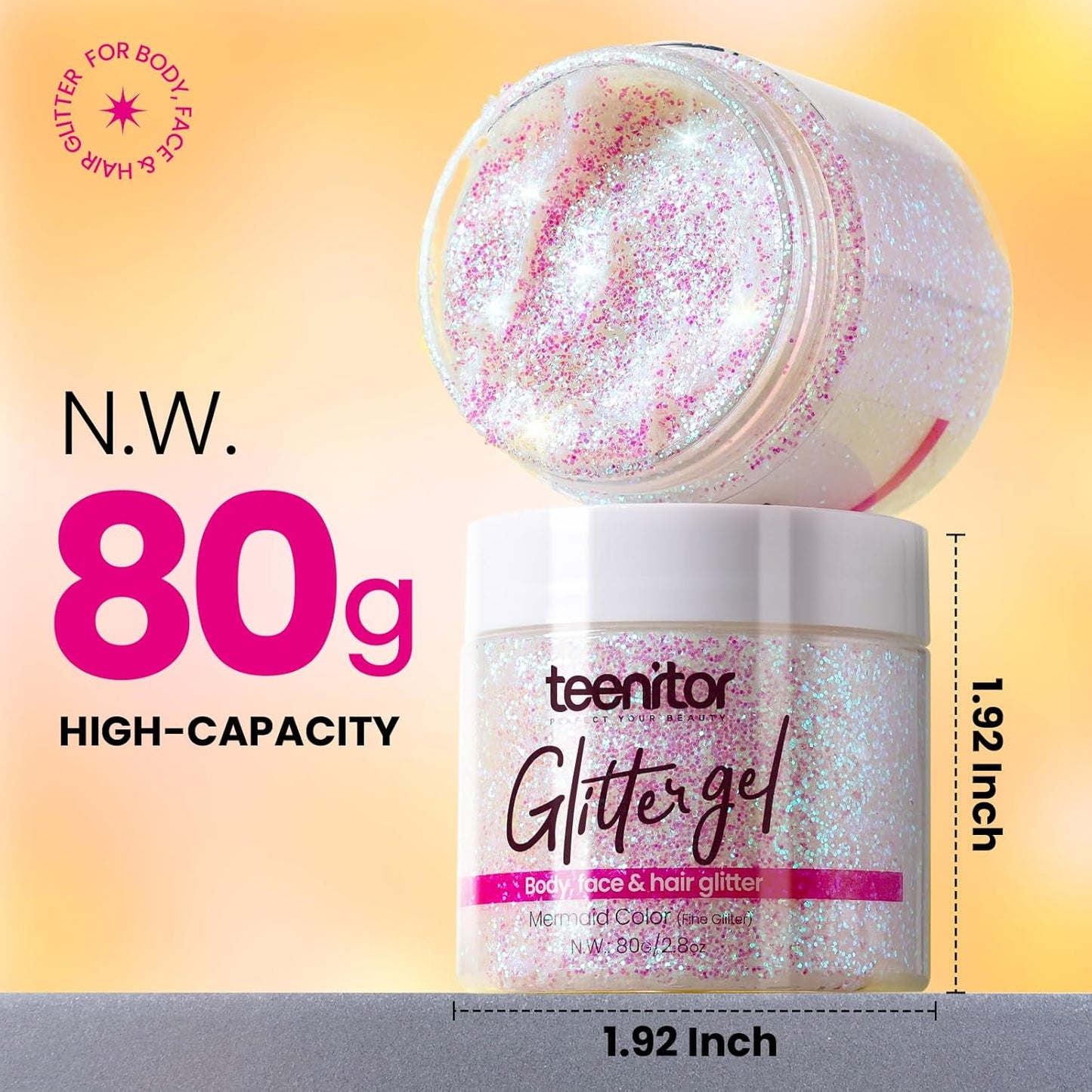 Teenitor Body Glitter, Face Glitter, Hair Glitter Gel, Holographic White Glitter for Face Body Makeup