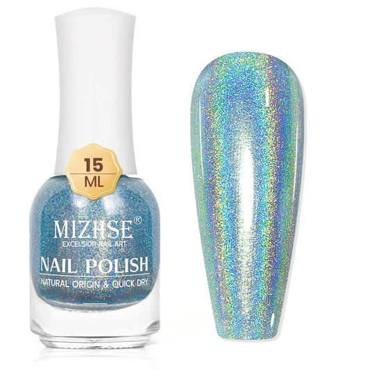 MIZHSE Holographic Nail Polish, Blue Glitter Nail Polish Air Dry Fast, 15ml/0.5 fl oz High Glossy Shiny Shimmery Nail PigmentLaser Oil-based Iridescent Chrome Halo Nail Art Salon Manicure at Home | alldaygood beauty