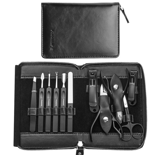 FAMILIFE Professional Manicure Set, Manicure Kit, Nail Clippers Set, 11 in 1 Stainless Steel Black Pedicure Tool, Nail Kit with Portable Leather Travel Case Luxury Gifts | alldaygood beauty