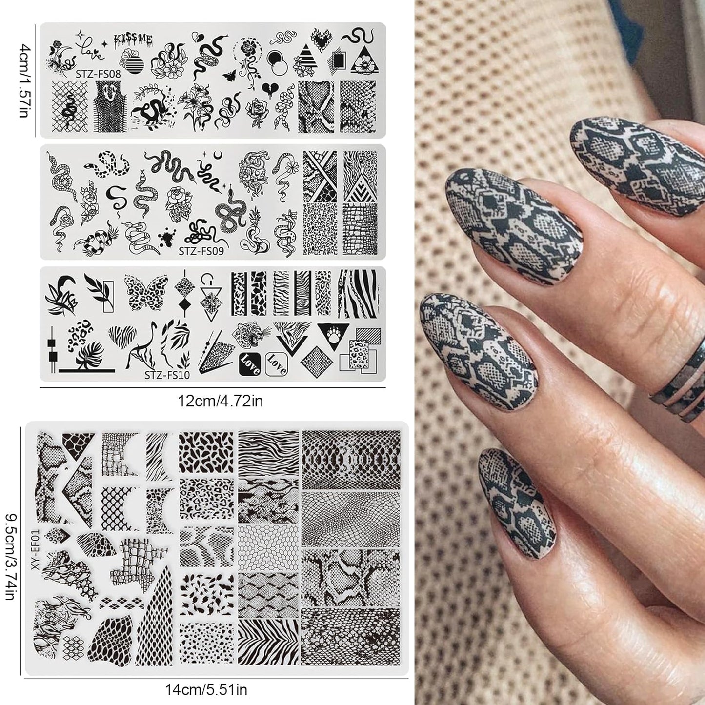 4pcs Snake Leopard Print Nail Stamping Plate Stencil with French Tip Nail Stamper Kit Reusable Salon Nail Set DIY Manicure Supplies Nail Art Tools