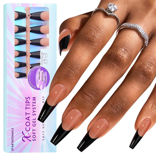 BTArtboxnails XCOATTIPS Black Press on Nails - French Tip Press on Nails Long Coffin Nail Tips, Soak Off Acrylic Gel Fake Nails Art Extension | alldaygood beauty