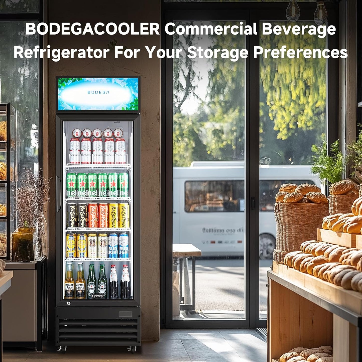 BODEGACOOLER Beverage Refrigerator and Cooler, Commercial Refrigerators with 4 shelves, Commercial Fridge with Soft LED Light. Merchandiser Refrigerators as Black Bar Cooler For Party, 9.0 Cu. Ft