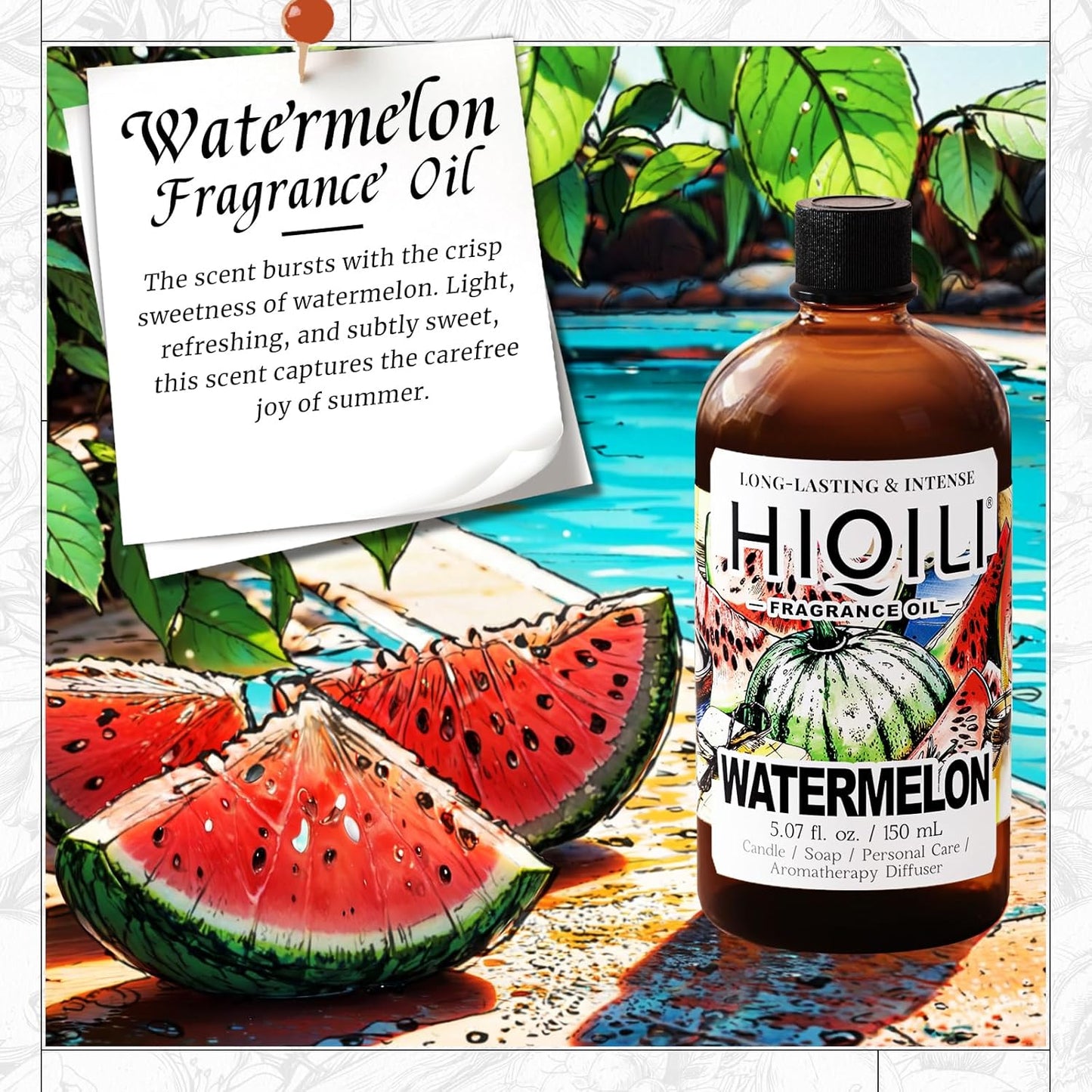 HIQILI Watermelon Fragrance Oil for Candle & Soap Making, DIY Fruity Perfume, Bath Bombs, Long-Lasting Diffuser Oil, Skin Care - 5.07 Fl Oz