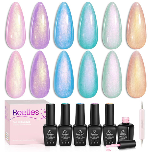 Beetles Pearl Gel Polish, 6 Colors Shimmer Glitter Nail Polish Pink Purple Orange Mermaid Nail Drawing Nail Gel Dreamy Carousel Soak Off Uv Swirl Shell Thread Effect DIY Manicure Gift for Women | alldaygood beauty