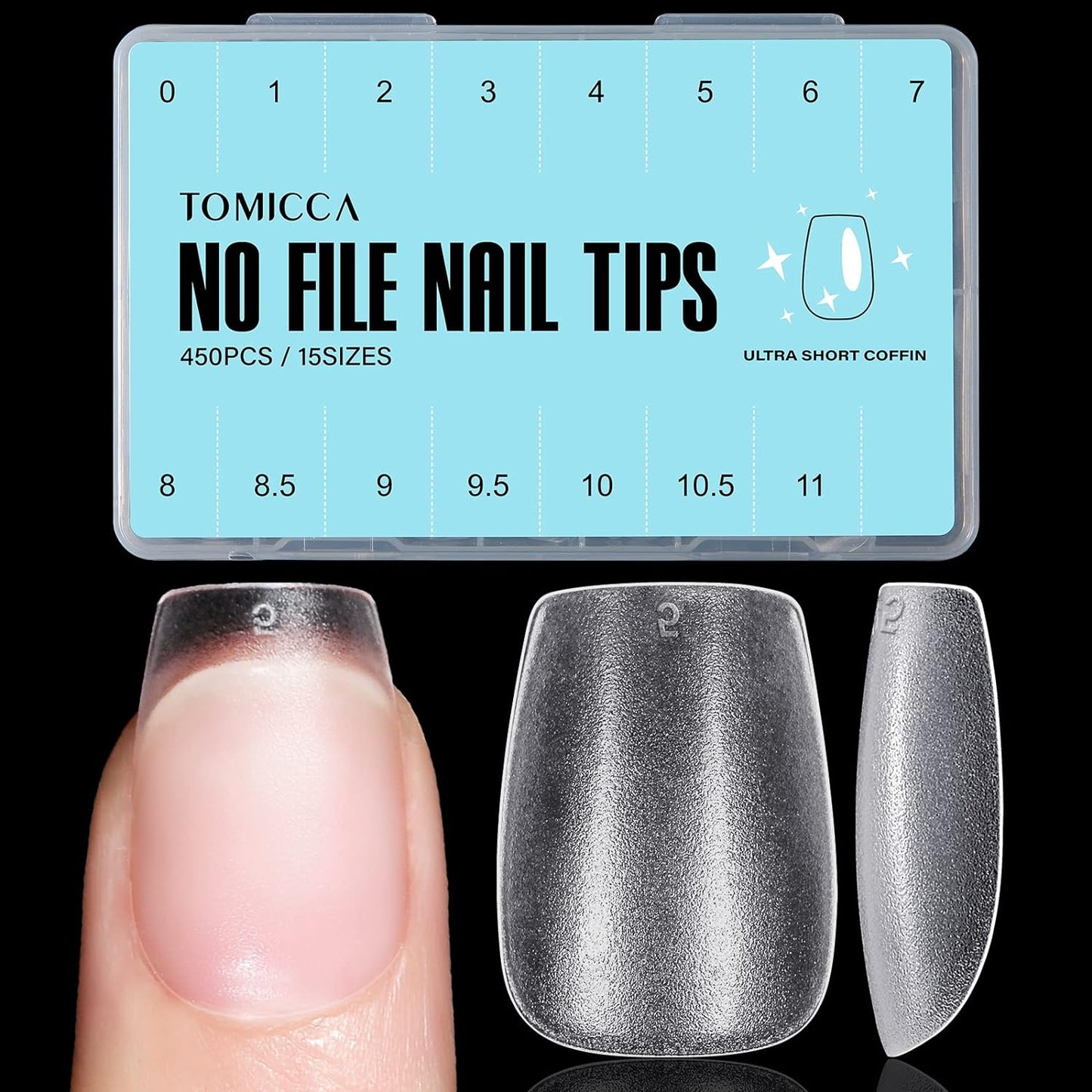 TOMICCA Extra Short Coffin Nail Tips, 450Pcs Full Cover Gel Nail Tips for Extension Manicure, 15 Sizes Acrylic Pre-shaped Double-sided Matte Fake Nails with Box
