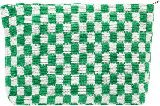 PAZIMIIK Knitted Checkered Makeup Bag Large Zipper Make Up Accessory Pouch for Purse Cosmetic Brush Bag for Travel Essential,Green