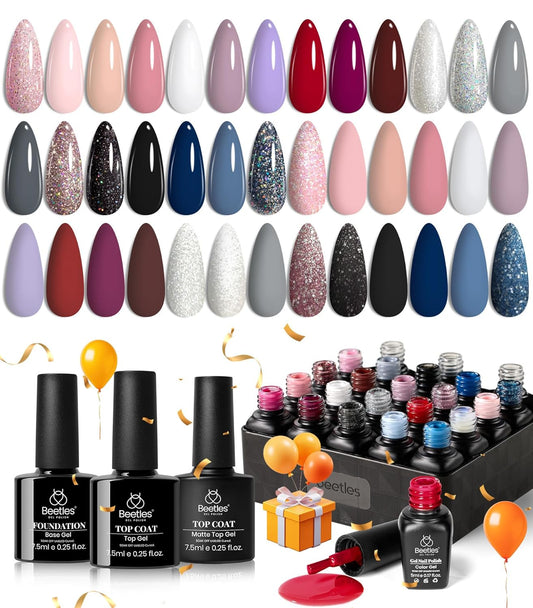 beetles Gel Polish Kit, Nude Gray Pink Blue Burgundy Glitter Gel Polish Set Modern Muse Collection with 3Pcs Base Matte Glossy Top Coat Soak off Uv Gel for Women | alldaygood beauty