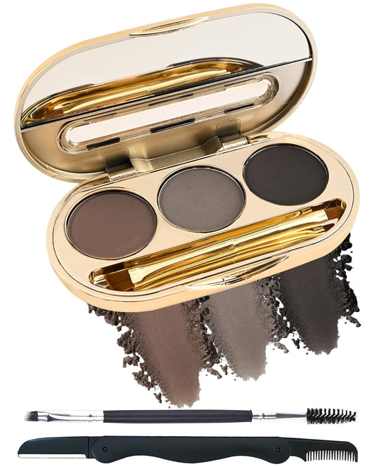 Eyebrow Powder Makeup Kit-3 Colors Eye Brow Tinting Powder Palette for Women Eyebrows Long-Lasting Waterproof, Dark Grey Black Brown Brow Filler, Enhance & Define Brows, With Mirror, Brow Tool -Set 02