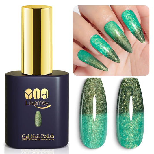 YTD Likomey Pearl Thread Color Changing Gel Nail Polish,15ml Green To Dark Green Shell Mermaid Drawing Pearlescent Shimmer Glitter Mood Temperature Change Fall Winter Thermal Ombre UV Nail Gel,WB426 | alldaygood beauty