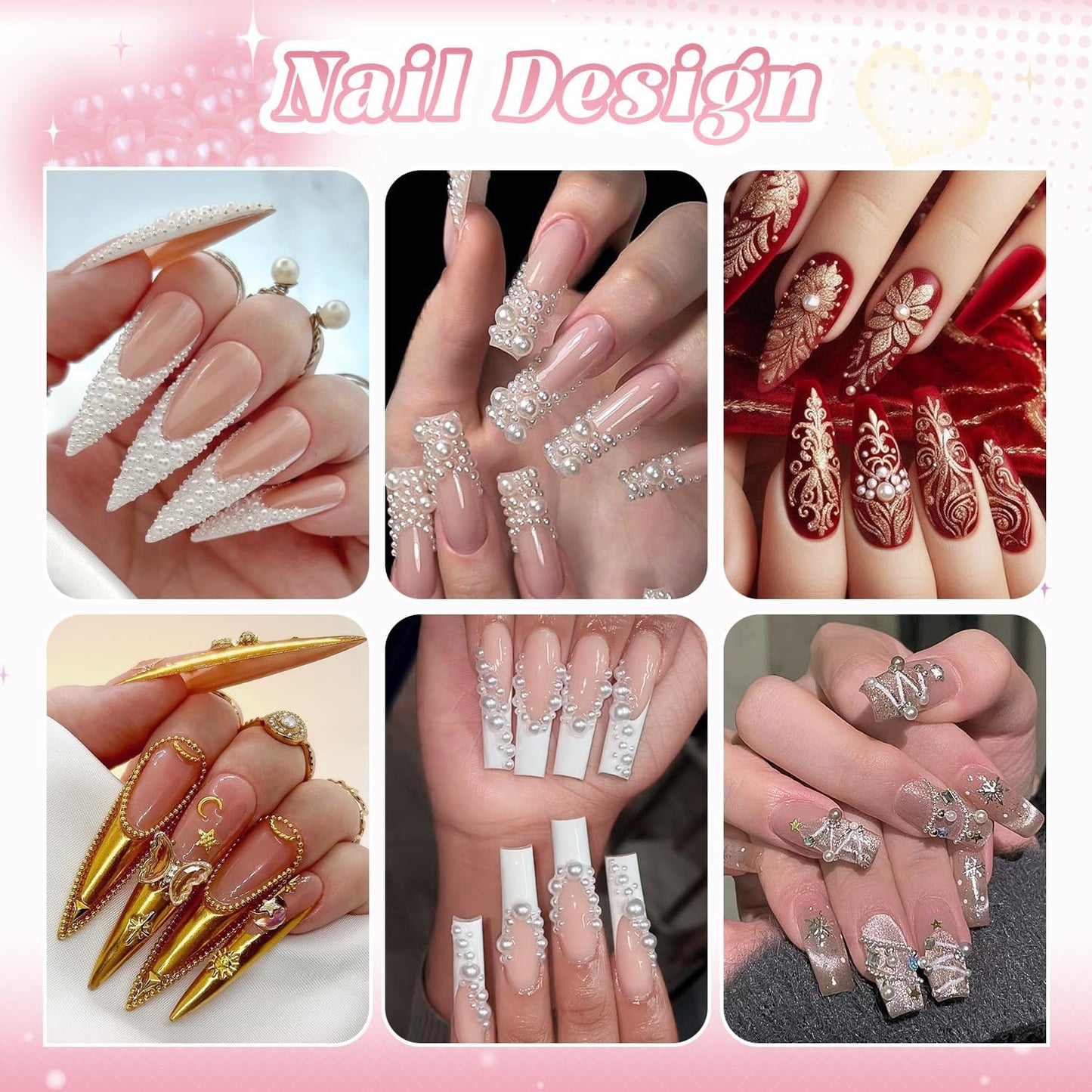 2 Boxes Flatback Pearls (White) and Metal Nail Beads (Silver+Gold) for Acrylic Nail Tips Manicure Decor