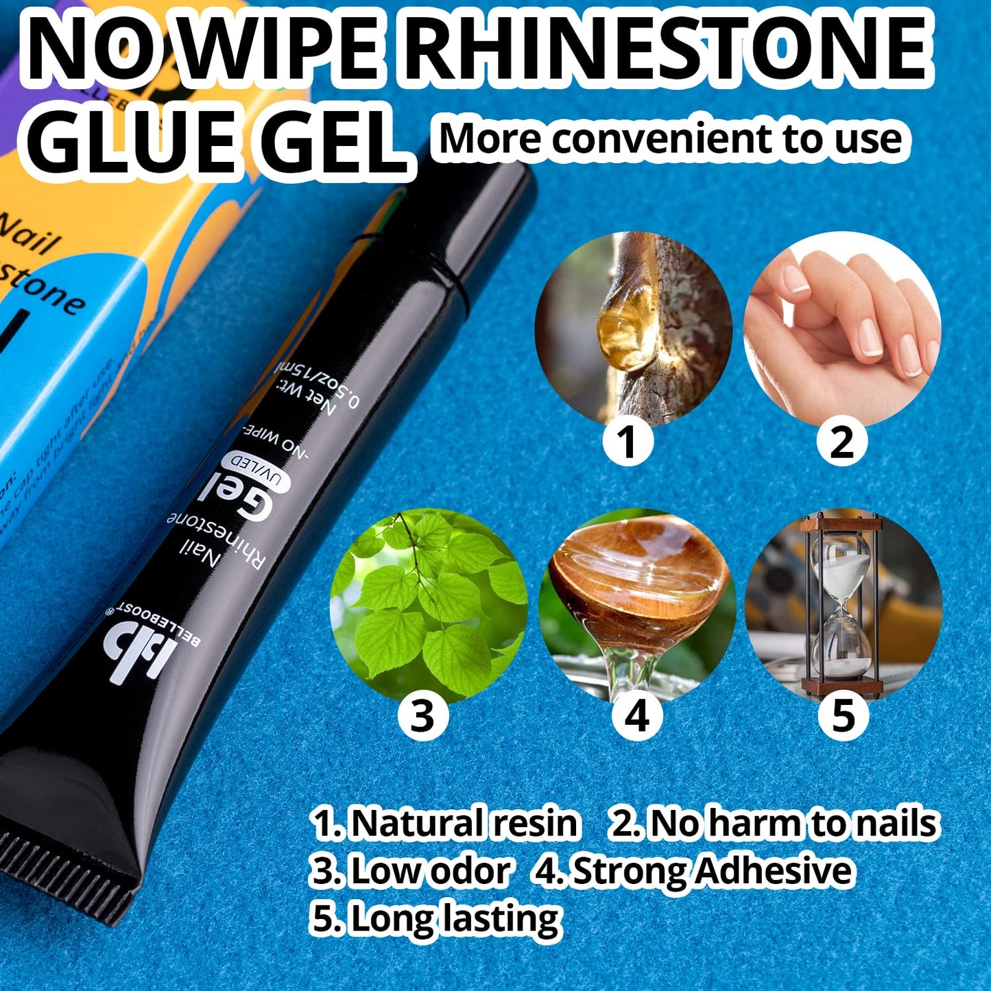 Nail Art Rhinestone Glue Gel&2 Boxes Flatback Gems Kit, 1 Tube of 15ml Rhinestone Gel Glue(UV/LED Needed)+Colorful Gems+Flat-Back Round Glass Crystal Clear Gemstones with Pickup Tools