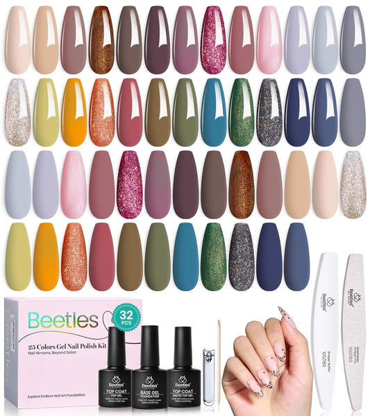 Beetles Fall Gel Nail Polish Set – Catwalk Tonal Hues 25 Colors Gel Polish, Nude Brown Yellow Purple Green Glitter with Base Glossy Mattle Top Coat Soak Off UV LED Winter Manicure Gift for Women | alldaygood beauty
