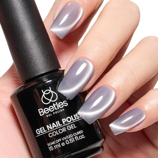 Beetles Gray Cat Eye Gel Nail Polish - 15ML Dark Gray Glass Cat Eye Glitter Gel Polish with Magnet Shimmer Sheer Gel Soak Off UV Moonlit Dew Collection Nail Art Design Manicure Gifts for Women | alldaygood beauty