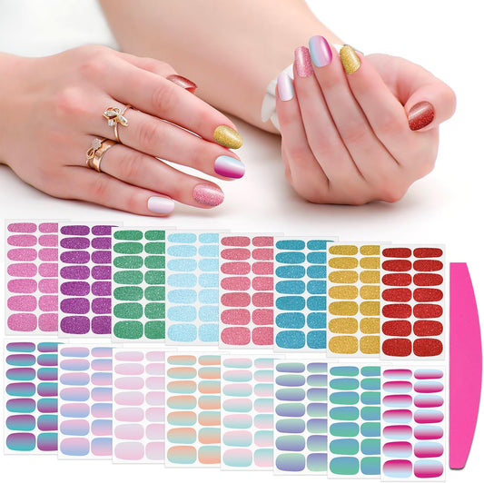 SILPECWEE 16 Sheets Bright Color Nail Polish Stickers Full Nail Wraps Glitter Mermaid Color Gel Strips Self Adhesive Nail Polish Strips Fingernail Sticker Nails for Women with File | alldaygood beauty