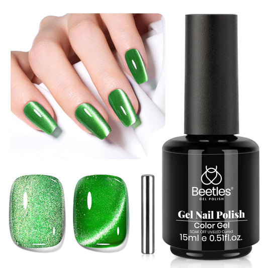 Beetles Green Cat Eye Gel Polish, 15ML Summer Emerald Green Gel Nail Polish with Magnet Soak Off UV Shimmer Velvet Gel Enchanted Glimmer Series French Nail Art Manicure Gifts for Women | alldaygood beauty