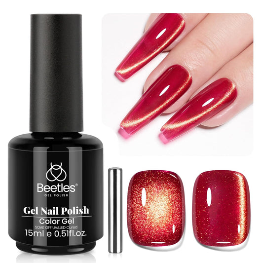 Beetles Red Cat Eye Gel Nail Polish - 15ML Cherry Red Glass Magnetic Cat Eye Glitter Gel Polish with Gold Powder Soak Off UV Twilight Toast Collection Nail Art Design Manicure Gifts for Women | alldaygood beauty