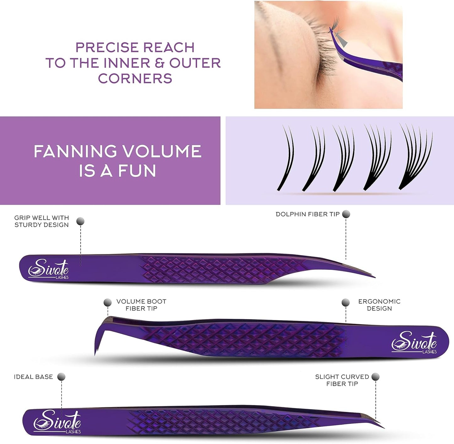 SIVOTE Eyelash Extension Tweezers Fiber Tips, Set of 6, Curved, Dolphin, 90 Degree 45 Degree, Volume Boot & Slight Curved Tweezer, Purple