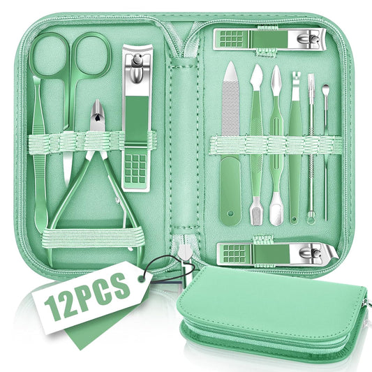 Manicure Pedicure Set, Nail Clipper Set for Men Women, Professional Manicure Kit Pedicure Kit, Nail Care Kit with Green Travel Leather Bag, Set 12 in 1 | alldaygood beauty