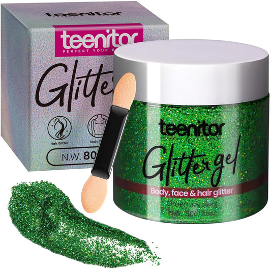 Teenitor Green Body Glitter Gel, Face Glitter Makeup, Green Glitter, Hair Glitter Gel for Kids, Festival Rave Accessories, 80g/2.8oz Holographic Glitter for Face Body Hair