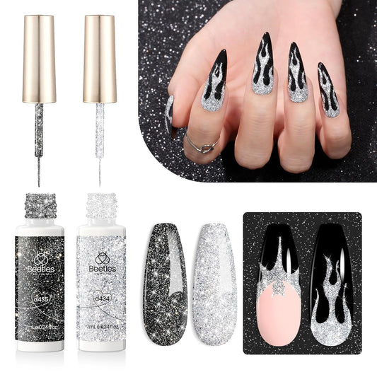 Beetles Reflective Glitter Gel Polish, 2 Pcs Liner Gel Nail Polish Set Black Silver Nail Art Gel Glitter Gel Nail Polish Diamond Shinning Liner Nail Art Design Gifts for Women New Trend | alldaygood beauty
