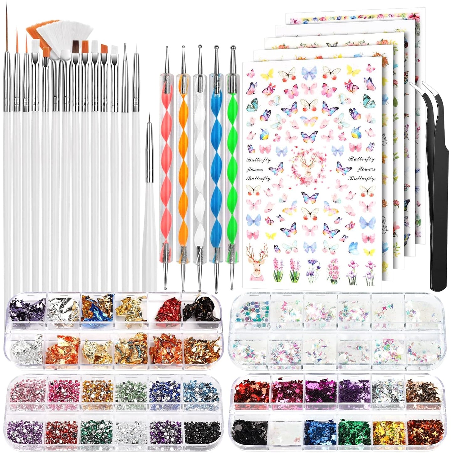 FANDAMEI Nail Tools, Nail Art Brushes Set, Nail Art Dotting Tools, Nail Stickers, Butterfly Nail Art Sequins, Nail Foils, Nail Art Flakes Iridescent, Nail Art Kits, Rhinestones For Nails Design