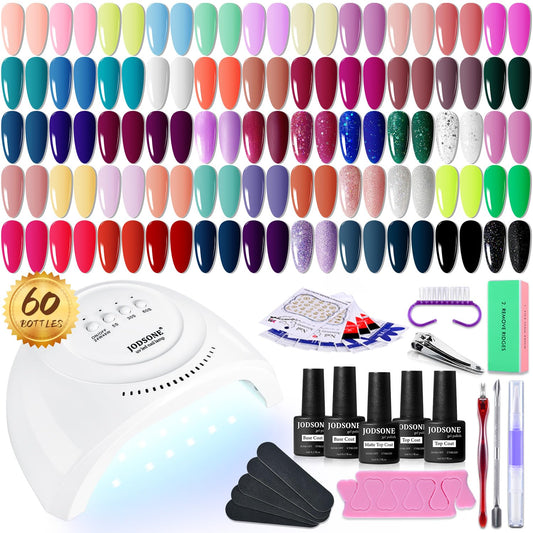 JODSONE Gel Nail Polish Kit 60 PCS with U V Light Soak off Base Top Coat 55 Shine Colors Gel Nail Kit Bright and Dark Brown Wine Red Series Manicure Set for Women and Girls | alldaygood beauty