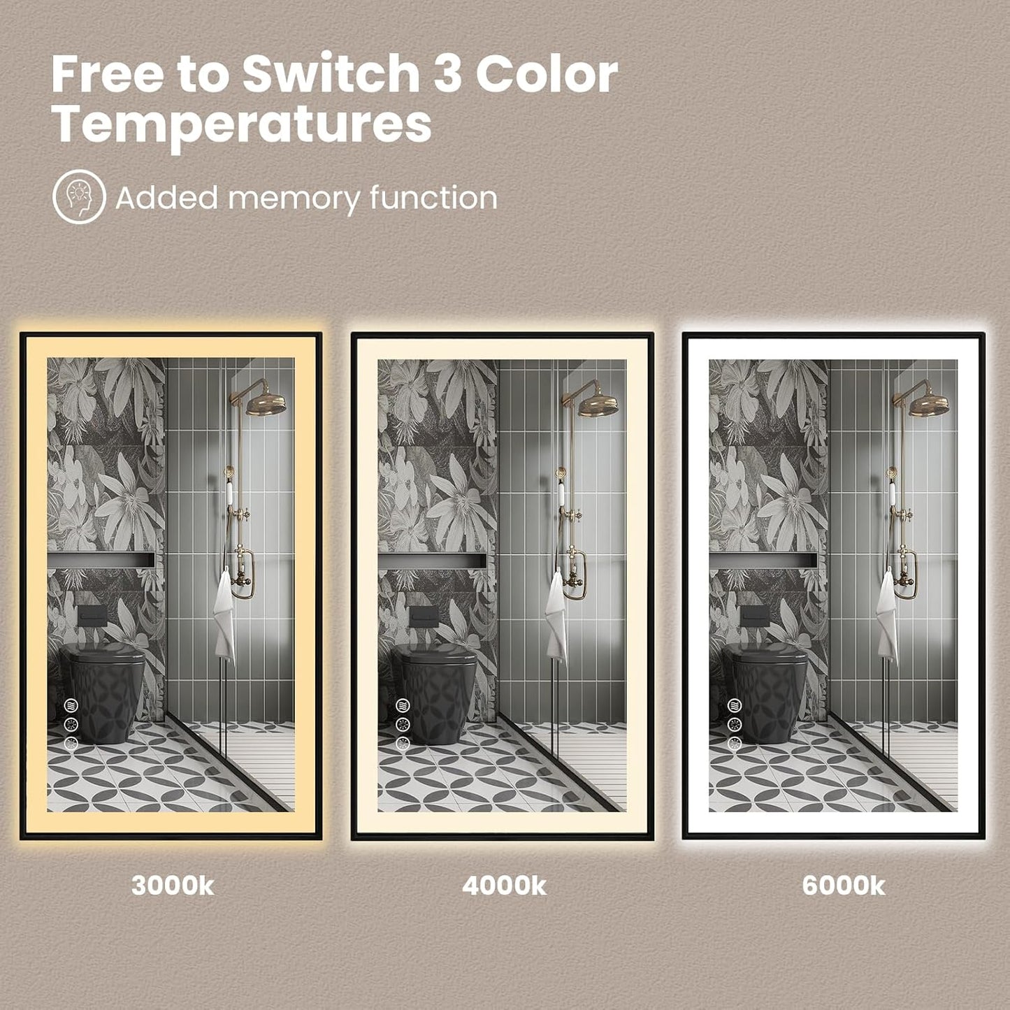 Amorho 60" X30" LED Bathroom Mirror with Black Frame, Front Light and Backlit(Controlled Separately), Stepless Dimmable, Anti-Fog, Shatter-Proof, 3 Colors, Memory