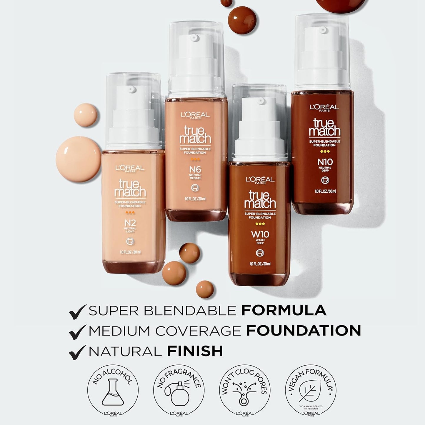 L'Oreal Paris True Match Super-Blendable Foundation, Medium Coverage Liquid Foundation Makeup, N10, Deep, 1 Fl Oz