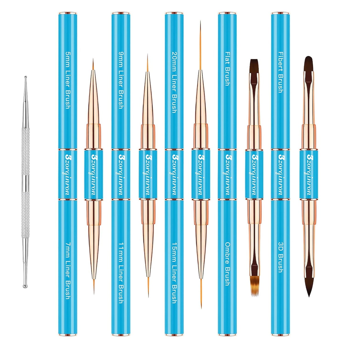 Nail Art Bushes Set, Professional 5Pcs Double-Ended Nail Brush Kit for Details, Long Lines, Ombre & 3D Design-Perfect for DIY Manicures & Salons (Blue)