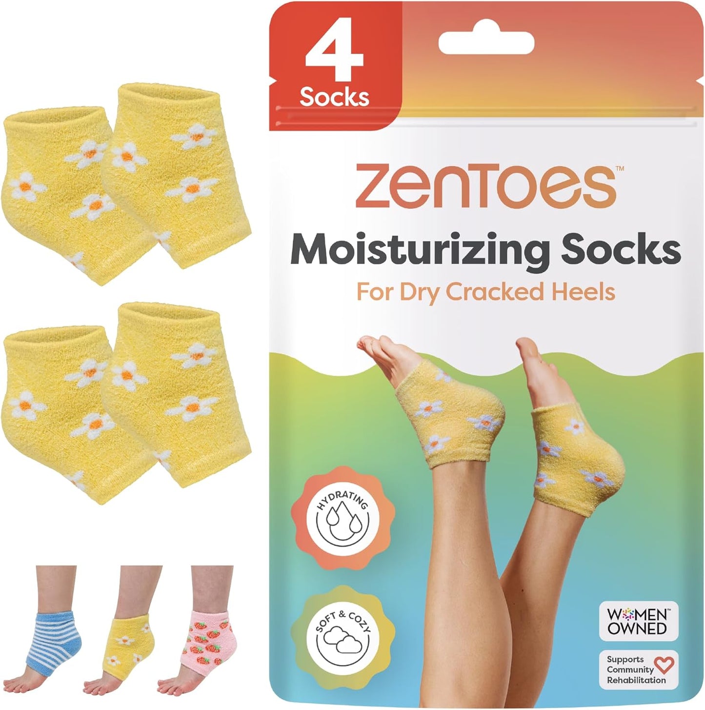 ZenToes Moisturizing Socks for Cracked Heel Treatment - Vitamin E, Olive Oil and Jojoba Oil Infused Heel Socks to Soften and Hydrate (Yellow & White Daisies, Regular)