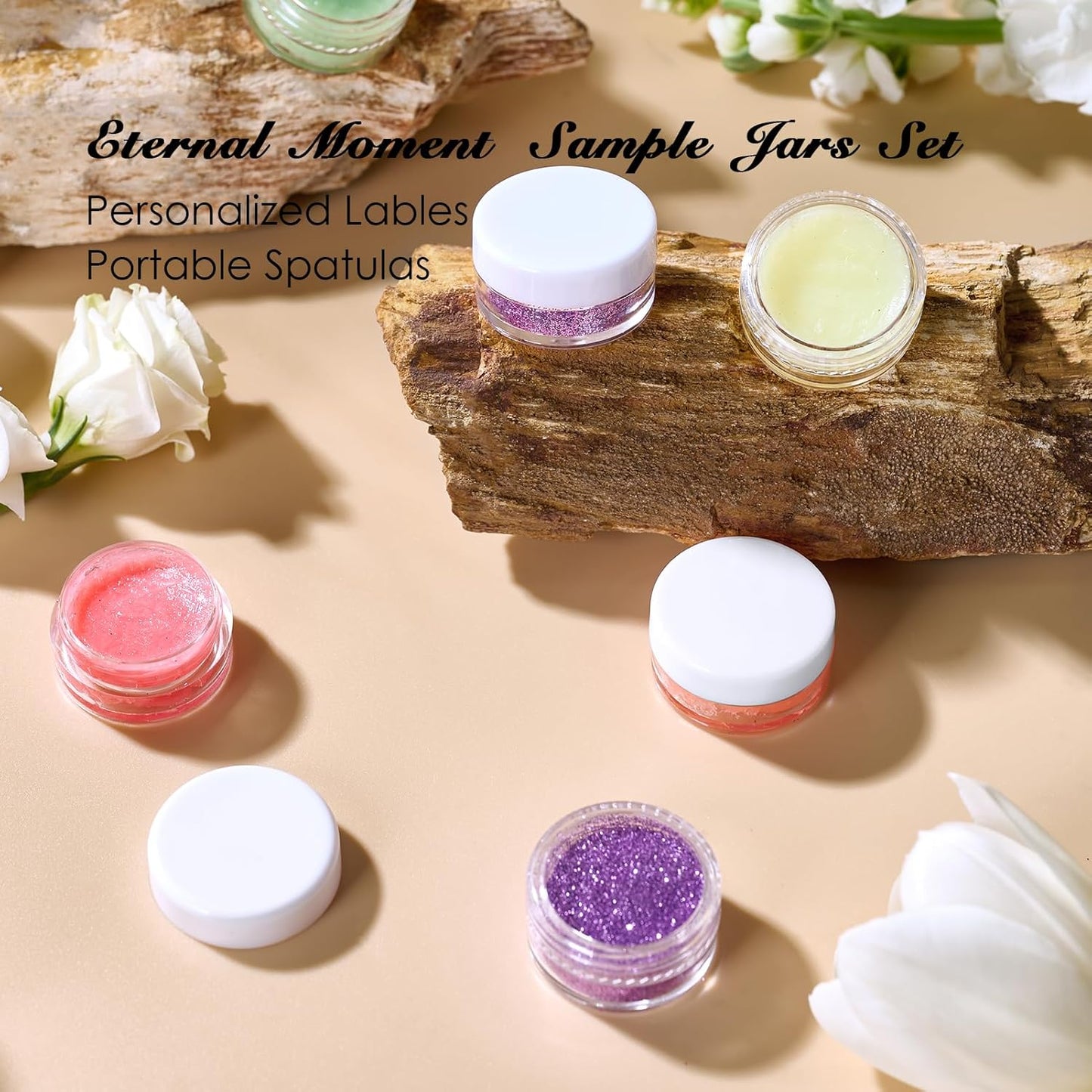 50 Pack 3 Gram Sample Containers with White Lids, Small Plastic Cosmetic Jars, Makeup Travel Container Jar for Cream, Bead, Eye Shadow, Lotions, Powders, Glitters Lip Gloss with Labels,Spatulas