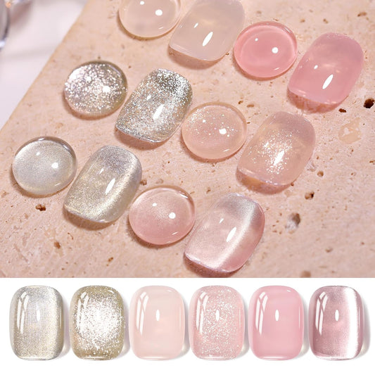Born Pretty Gel Nail Polish Nude Pink Series,Jelly Transparent,Cat Magnetic Eye,Shimmer Glitter Holographic Nude Pink Gel Polish Kit for Salon Manicure and Nail Art DIY at Home 6Colors | alldaygood beauty