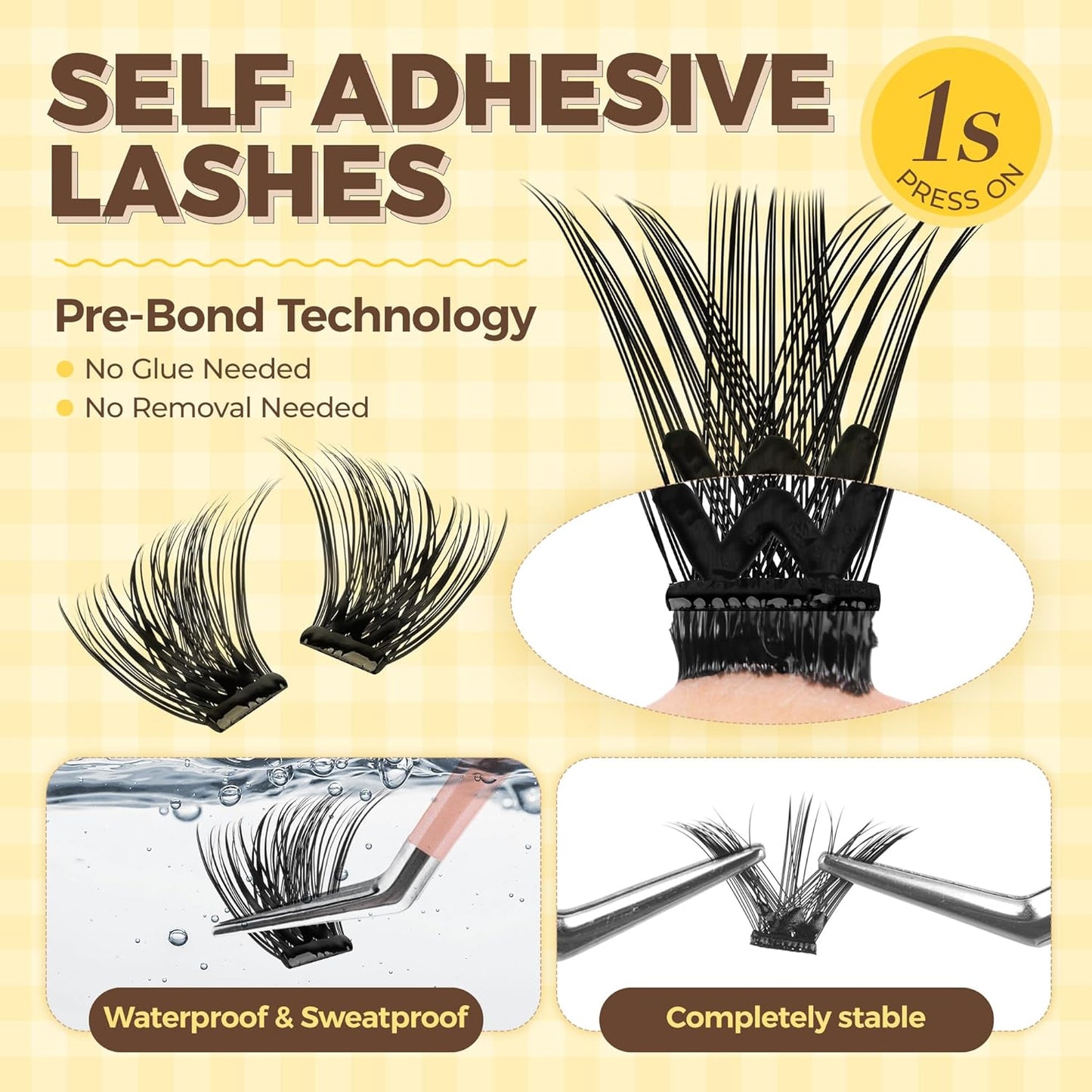 PopUp Self Adhesive Eyelashes Clusters, Press On Lashes Pre Glued Eyelash Extension Kit with Lash Tweezer,10-16mm No Glue No Remover Needed Self Adhesive Lashes Clusters CT50-D