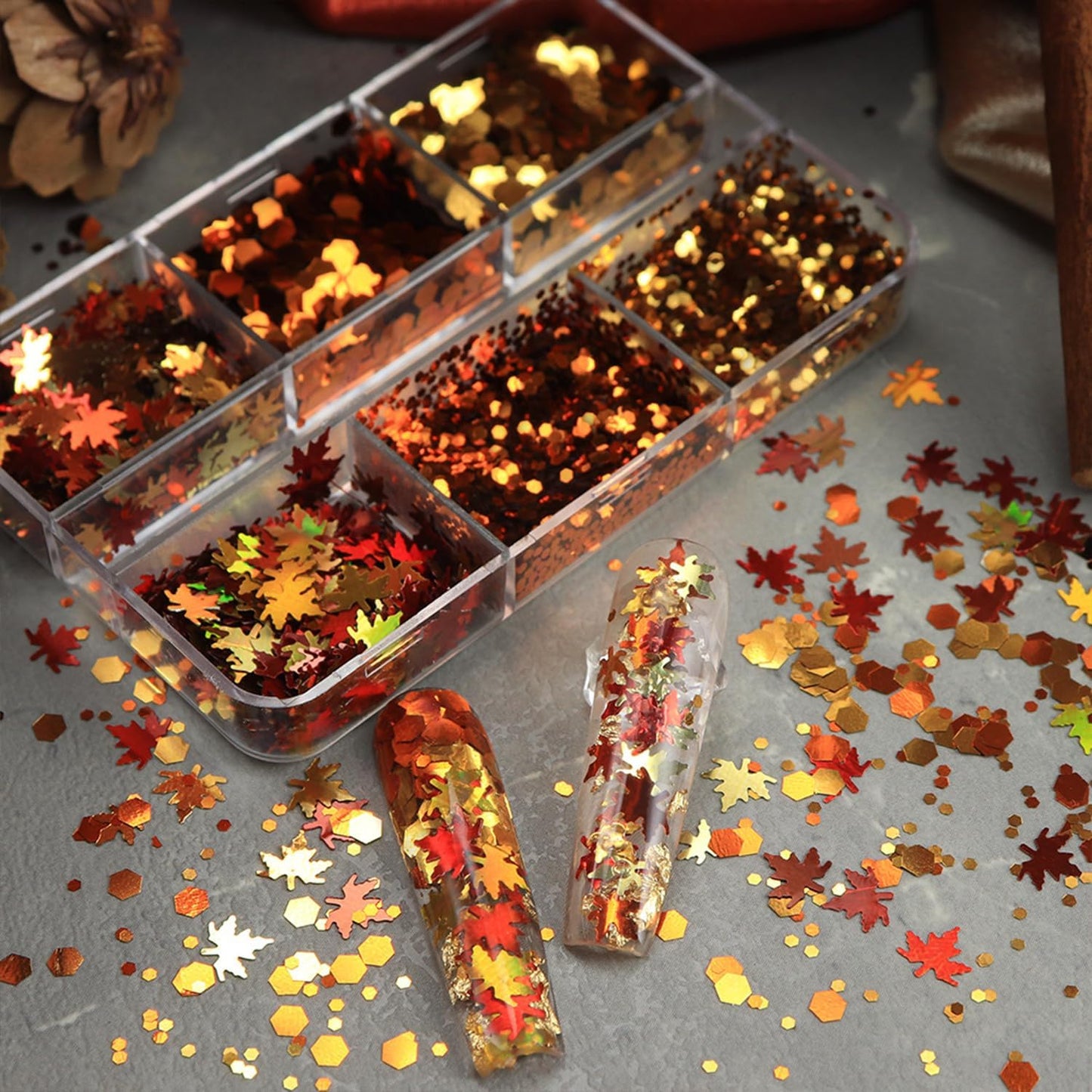 Thanksgiving Glitter Maple Leaf Nail Sequins Fall Nail Flakes Design Nail Charms Holographic Mixed Color 3D Confetti Autumn Nail Art Stickers Maple Leaves Nail Glitter Sequins for Women