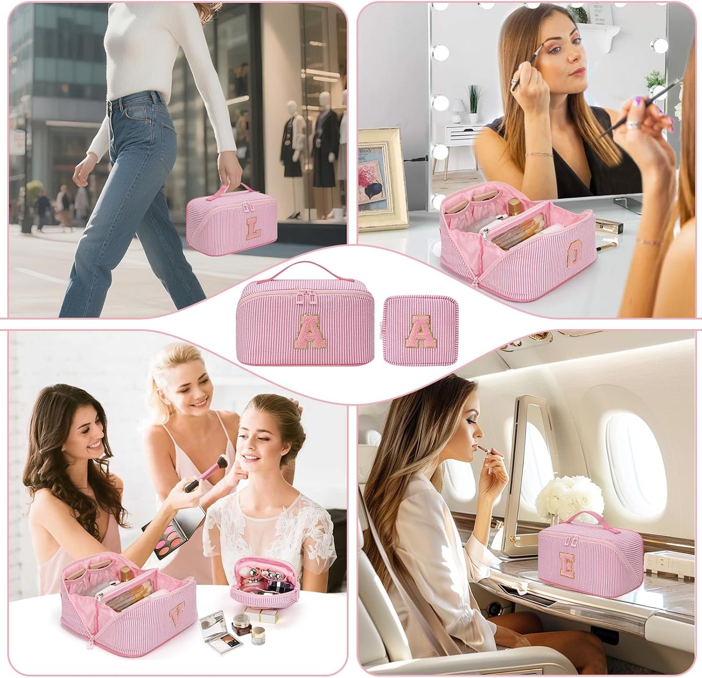 Travel Makeup Bag for Women, 2Pcs Portable Personalized Initial Makeup Organizer Bag, Open Flat Large Cosmetic Bag With Travel Essential Pouch (Pink Letter J)