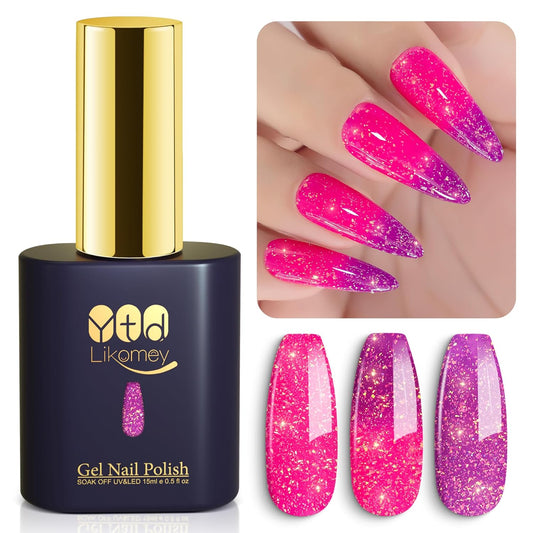 YTD Likomey Brocade Glitter Color Changing Gel Nail Polish,15ml Hot Pink To Violet Shimmer Glitter Mood Temperature Change Colors Iridescent Flakes,Fall Winter Thermal Ombre UV Nail Gel,WB351 | alldaygood beauty