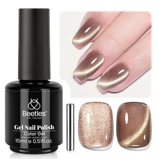 Beetles Brown Cat Eye Gel Nail Polish - Velvet Cinnamon Cat Eye Gel Polish, 15ML Fall Brown Mocha Mousse Magnetic Glitter Gel Polish with Magnet Soak Off UV French Nail Art Manicure Gift for Women | alldaygood beauty
