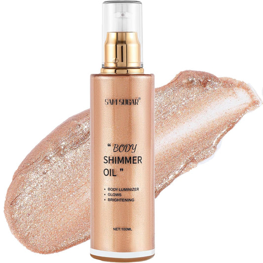 Shimmer Body Oil, Long Lasting Moisturizing Body Glow Oil for Women Face Luminizer Highlighter Makeup 100ml Glitter Shimmer Lotion for Glow Skin (Light Rose Gold) | alldaygood beauty