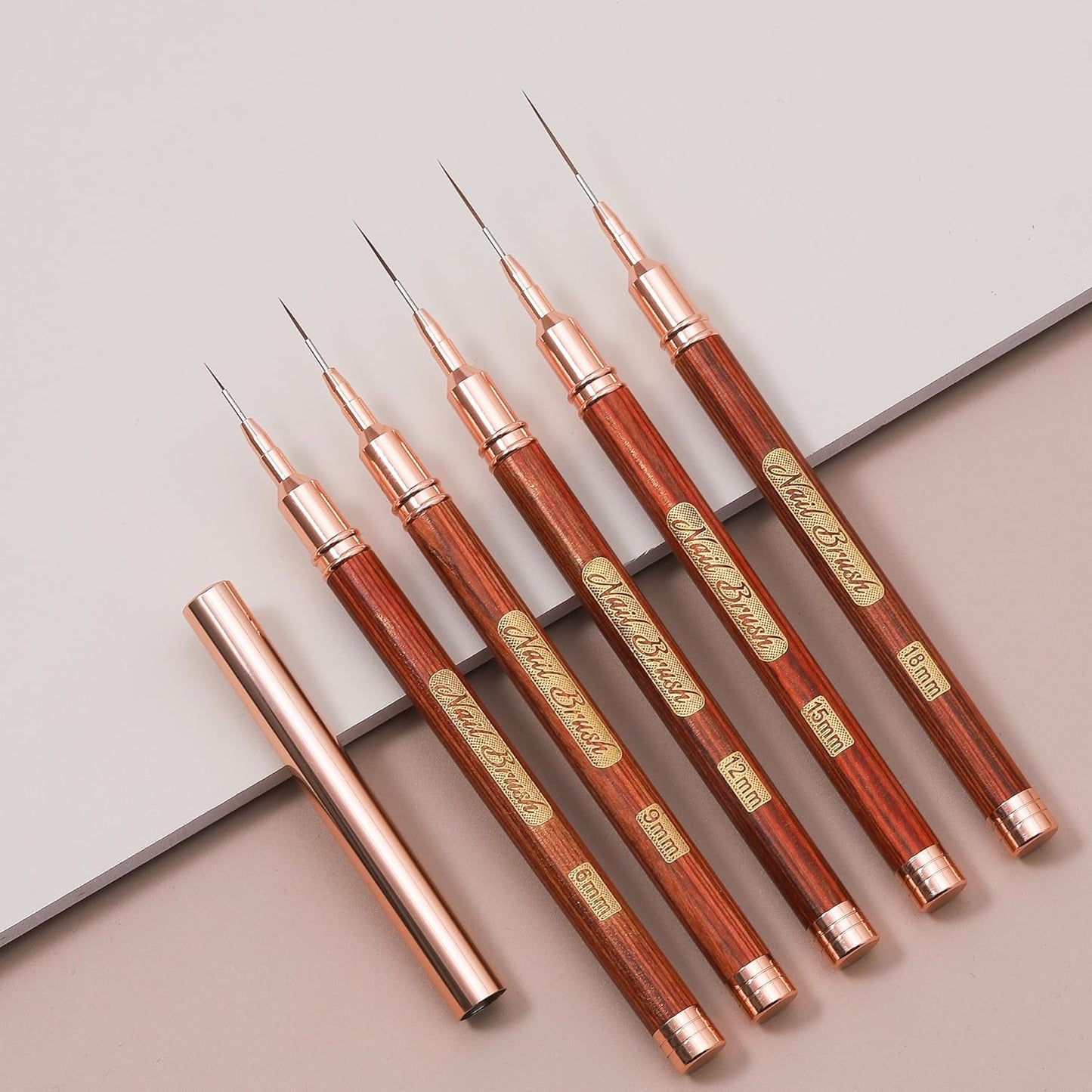 Wooden Nail Art Brushes, 5Pcs Nail Art Liner Brushes, Painting Art Design Brush Set Nail Dotting Drawing Tool for Long Lines, Thin Details, Fine Drawing Sizes 6/9/12/15/18mm, Rose gold